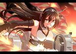  absurdres armpits black_hair breasts daba fingerless_gloves fire gloves groin hairband highres kantai_collection large_breasts long_hair machinery midriff nagato_(kantai_collection) navel open_mouth red_eyes solo turret 