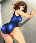  1girl absurdres against_wall angry ass bare_shoulders blush breasts brown_eyes brown_hair clenched_teeth hairband highres large_breasts legs looking_at_viewer short_hair sideboob solo standing suzumiya_haruhi suzumiya_haruhi_no_yuuutsu sweat swimsuit teeth thighs yadokari_genpachirou 