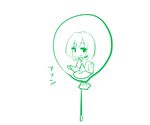  balloon chibi doodle floating in_balloon japanese_clothes kimono looking_to_the_side monochrome original poaro simple_background sitting smirk solid_oval_eyes solo string white_background 