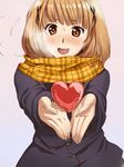  :d absurdres anon_tyty-yde blush breath brown_eyes brown_hair coat cold heart highres koyama_mai open_mouth original plaid plaid_scarf scarf short_hair smile solo source_request winter_clothes winter_coat 