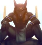 anthro anubian_jackal anubis canine clothed clothing deity jackal loincloth looking_at_viewer male mammal sitting solo spread_legs spreading topless zen 