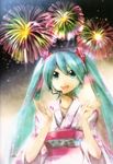  aqua_eyes aqua_hair fireworks hatsune_miku headset highres japanese_clothes kei_(keigarou) kimono long_hair official_art twintails vocaloid 