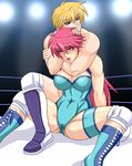  1boy 1girl asphyxiation blonde_hair blue_eyes breasts choking cleavage defeated drooling large_breasts leotard long_hair mighty_yukiko nastassja_han open_mouth pink_hair purple_eyes rolling_eyes short_hair strangling strangulation submission taroimo_(00120014) tears wrestle_angels wrestling 