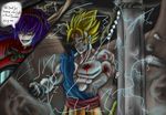 1girl battle blonde_hair blood clenched_teeth crossover dragon_ball dragon_ball_z electricity gloves green_eyes long_hair monkey_tail muscle open_mouth purple_hair ragevx red_eyes son_rage spiked_hair super_saiyan super_saiyan_2 tail teeth touhou yasaka_kanako 