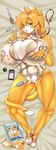  animal_ears areolae bell between_breasts blush breasts collar collarbone dakimakura double_v full_body furry gigantic_breasts green_eyes highres large_areolae leash lying mochizuki_tooya_(kemoner) nipples on_back open_mouth orange_hair phone shoes sweat tail v 