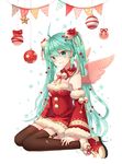  ahoge christmas christmas_ornaments collar detached_sleeves diten garter_straps green_eyes green_hair hatsune_miku long_hair nail_polish sitting solo thighhighs twintails very_long_hair vocaloid wings 
