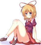  ass bare_legs blonde_hair blue_eyes blush hair_ribbon highres looking_at_viewer medicine_melancholy naba_(take_tonbo) open_mouth puffy_sleeves ribbon shirt short_hair short_sleeves simple_background sitting skirt solo touhou white_background 