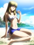  1girl beach bikini blonde_hair blurry foreshortening highres kugimiya_kei long_hair majestic_prince palm_tree purple_eyes sitting small_breasts solo swimsuit tree waist white_bikini white_swimsuit 