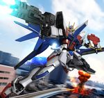  build_strike_gundam building city energy_gun explosion glowing glowing_eyes gun gundam gundam_build_fighters hiropon_(tasogare_no_puu) lens_flare mecha mushroom_cloud no_humans photo_background realistic science_fiction shield weapon 