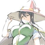  :&lt; black_hair breasts cape green_eyes hand_on_headwear kagari_ayaka large_breasts long_hair simple_background solo ueyama_michirou witch_craft_works 