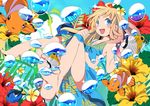  :d aqua_sarong bad_id bad_pixiv_id barefoot bikini blonde_hair blue_eyes blush bracelet bubble feet fish flower happy hibiscus highres jewelry legs long_hair open_mouth original print_sarong revision sakisato_kiriko sarong smile soles solo swimsuit toes underwater 