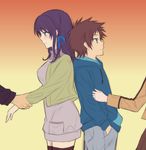  1girl back-to-back black_legwear blue_eyes brown_hair hiradaira_chisaki kotokoto_(mitsuyoshi0211) long_hair nagi_no_asukara purple_hair sakishima_hikari thighhighs 