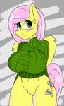  anthro anthrofied big_breasts blush bottomless breasts clothing cutie_mark equine female fluttershy_(mlp) friendship_is_magic fur green_eyes hair horse huge_breasts jrvanesbroek long_hair looking_at_viewer mammal my_little_pony pegasus pink_hair pony pussy shirt solo standing sweater thick_thighs top wings yellow_fur 