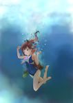  barefoot brown_eyes brown_hair dark_skin floating_hair freediving highres i-401_(kantai_collection) kantai_collection one-piece_swimsuit ponytail school_swimsuit shimazaki_mujirushi short_hair smile solo swimsuit underwater 