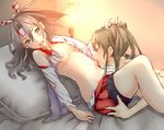  blush breasts brown_hair headband kantai_collection kz_(kazuma-rising) lamp licking lying multiple_girls navel navel_licking on_back on_bed open_mouth pillow saliva shorts sideboob small_breasts tears torn_clothes underboob yuri zuihou_(kantai_collection) zuikaku_(kantai_collection) 