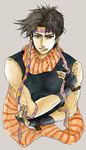  black_hair blue_eyes brown_hair fingerless_gloves gloves headband jewelry jojo_no_kimyou_na_bouken joseph_joestar_(young) kock_k male_focus mouth_hold ring scarf solo 