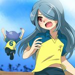  2boys aqua_hair blue_hair blue_sky blush child cloud inazuma_eleven inazuma_eleven_(series) kazemaru_ichirouta kogure_yuuya long_hair male_focus marimo_danshaku multiple_boys outdoors sky soccer_uniform sportswear sweat 