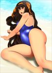  1girl absurdres ass bare_shoulders barefoot beach blush breasts brown_eyes brown_hair hairband highres large_breasts legs long_hair looking_at_viewer lying ocean on_side open_mouth sand solo suzumiya_haruhi suzumiya_haruhi_no_yuuutsu sweat swimsuit thighs water yadokari_genpachirou 