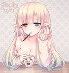  bad_id bad_pixiv_id bare_shoulders blonde_hair blue_eyes blue_hair blush breast_rest breasts cecilia_lilnetta cleavage cup dated elf food gradient_hair heterochromia large_breasts long_hair mouth_hold multicolored_hair naked_sweater no_bra off_shoulder original pocky pocky_day pointy_ears purple_eyes revision ribbed_sweater solo sweater teacup tsukikage_nemu 