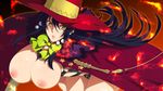  bent_over black_hair breasts cape green_eyes hat highres huge_breasts inverted_nipples kagari_ayaka long_hair looking_at_viewer mizuki_makoto nipples puffy_nipples topless witch_craft_works witch_hat yellow_eyes 