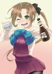  akigumo_(kantai_collection) alcohol black_legwear bottle brown_hair can canned_food commentary_request dress dress_shirt green_eyes hair_ornament highres kantai_collection long_hair one_eye_closed open_mouth pantyhose ponytail ribbon sake sake_bottle shirt skirt smile solo tsukuan 