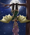  animal_ears anthro anthrofied bat_pony bat_wings breasts cleavage clothed clothing equine fangs female flutterbat_(mlp) fluttershy_(mlp) flyingcatsandglitter friendship_is_magic hi_res horse human legwear looking_at_viewer mammal moon my_little_pony night open_mouth outside pony red_eyes solo stars stockings tree upside_down wings 