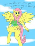  anthro anthrofied big_breasts blue_eyes bottomless breasts clothing cloud cutie_mark equine female fluttershy_(mlp) friendship_is_magic fur hair horse jrvanesbroek long_hair mammal my_little_pony open_mouth pegasus pink_hair pony pussy shirt smile solo text wings yellow_fur 