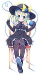  alternate_costume bare_shoulders black_gloves black_legwear blue_flower blue_rose blush chair dress elbow_gloves flower full_body gloves green_eyes green_hair hat heart heart-shaped_pupils heart_of_string highres komeiji_koishi long_hair looking_at_viewer no_nose pointy_ears rose simple_background sitting smile solo symbol-shaped_pupils thighhighs touhou white_background zefa_(neoaltemice) 