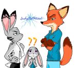  ? canine clothed clothing crossed_arms disney female fox jack_savage judy_hopps lagomorph love_triangle male mammal nick_wilde peanut.k rabbit simple_background topless towel white_background zootopia 