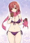  bikini breasts brown_eyes brown_hair cleavage front-tie_top gloves highres kawase_seiki large_breasts light_smile long_hair looking_away navel original parted_lips scarf shiny shiny_skin side-tie_bikini skindentation solo strap_gap swimsuit 