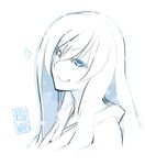 bangs blue_eyes character_request commentary_request copyright_name eyelashes from_side grin hair_between_eyes heart japanese_clothes kimono long_hair lowres monochrome poaro sengoku_wars simple_background smile solo upper_body white_background white_hair 