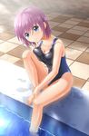  barefoot blue_eyes breast_press breasts competition_swimsuit highres leg_hug looking_at_viewer one-piece_swimsuit original pink_hair poolside short_hair sitting smile soaking_feet solo swimsuit takuya_kame water wet 