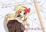  1girl blonde_hair brown_dress character_name dress female hairband juuoumujin_no_fafnir lisa_highwalker long_hair pink_eyes pixiv_thumbnail red_bow sira solo 