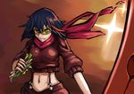  absurdres alternate_costume black_hair blue_eyes cropped_jacket highlights highres jacket jonathan_h kill_la_kill matoi_ryuuko midriff multicolored_hair navel scarf scissor_blade senketsu senketsu_(scarf) shooting_glasses spoilers suspenders symbol-shaped_pupils track_jacket 