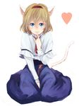 :3 alice_margatroid animal_ears blonde_hair blue_eyes blush capelet cat_ears cat_tail dress finger_to_mouth hairband heart kemonomimi_mode kneeling looking_at_viewer meiji_(charisma_serve) seiza short_hair sitting smile solo tail touhou 