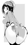  ass bent_over breasts gloves greyscale hat highres kantai_collection large_breasts looking_at_viewer looking_back luceva monochrome short_hair smile solo takao_(kantai_collection) thighs 