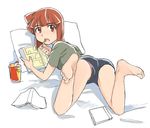  aizawa_eiko bag barefoot brown_eyes brown_hair feet food full_body jagariko kikiki_(hiya_mikan) long_hair looking_at_viewer looking_back lying on_stomach open_mouth panties panty_peek pillow shinryaku!_ikamusume short_hair shorts solo underwear 