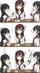  agano_(kantai_collection) ahoge black_hair braid breasts brown_hair catching comic eating gloves itomugi-kun kantai_collection long_hair medium_breasts multiple_girls noshiro_(kantai_collection) school_uniform serafuku ushio_(kantai_collection) white_gloves 