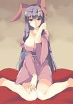  alternate_costume animal_ears barefoot bow breasts bunny_ears cleavage crescent crescent_hair_ornament fake_animal_ears hair_bow hair_ornament hasebe_yuusaku japanese_clothes kimono large_breasts long_hair looking_at_viewer patchouli_knowledge purple_eyes purple_hair solo touhou 