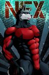  anthro armor biceps black_fur canine clothed clothing comic_cover cover fur grey_fur ig male mammal mask muscles pecs pose poster solo spandex suit superhero wolf 