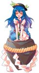  alphes_(style) bad_id bad_pixiv_id blue_hair blush closed_eyes dairi food fruit hat hinanawi_tenshi long_hair open_mouth parody peach puffy_sleeves rope shimenawa shirt short_sleeves sitting_on_rock skirt smile solo style_parody touhou transparent_background very_long_hair 