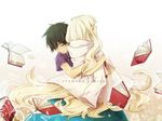  1girl aa_shirotakabu bad_id bad_pixiv_id black_hair blonde_hair book borrowed_garments closed_eyes dress hood hoodie hug kagerou_project kozakura_marry long_hair red_eyes seto_kousuke short_hair shounen_brave_(vocaloid) tears younger 