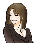  blush brown_hair closed_eyes eyelashes laughing long_hair looking_back open_mouth original poaro simple_background solo strap sweater v-neck white_background 