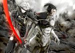  armor bad_id bad_pixiv_id beard cyborg eyepatch facial_hair izumi_(nagashi) katana metal_gear_(series) metal_gear_rising:_revengeance multiple_boys ponytail raiden samuel_rodrigues sword weapon white_hair 