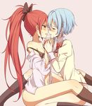  bad_id bad_pixiv_id black_bra black_legwear blue_hair blush bow bra breasts hair_bow hair_ornament hairclip highres kiss long_hair mahou_shoujo_madoka_magica miki_sayaka multiple_girls navel ponytail red_eyes red_hair sakura_kyouko saliva saliva_trail school_uniform short_hair small_breasts underwear yuri yutsumoe 