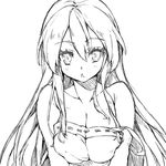  :&lt; bangs bare_shoulders blush breast_squeeze breasts chestnut_mouth cleavage greyscale highres large_breasts long_hair looking_at_viewer mizuhara_ichika monochrome onee-chan_ga_kita open_mouth redcomet ribbon_trim sidelocks simple_background sketch sleeveless solo strap_slip upper_body very_long_hair 