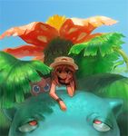  bad_id bad_pixiv_id bare_shoulders blue_(pokemon) blue_eyes bored brown_eyes brown_hair flower gen_1_pokemon hat head_rest jigglypuff leaf long_hair pokemon pokemon_(creature) pokemon_(game) pokemon_frlg porkpie_hat venusaur wrist_cuffs yuza 