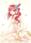  anklet barefoot bracelet breasts flower hair_flower hair_ornament jewelry long_hair looking_at_viewer magi_the_labyrinth_of_magic medium_breasts morgiana petals red_eyes red_hair red_sakura sitting solo wariza 