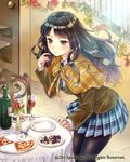  black_eyes black_hair black_legwear blazer bottle chair cup drinking_glass food hanekoto jacket long_hair necktie original pantyhose pizza pizza_cutter plaid plaid_skirt plate railing school_uniform skirt solo wavy_hair wine_bottle wine_glass 