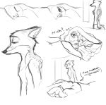  bed black_and_white canine clothed clothing comic disney duo english_text female fox iji judy_hopps lagomorph male mammal monochrome nick_wilde rabbit simple_background sketch sleeping sound_effects text topless white_background zootopia zzz 